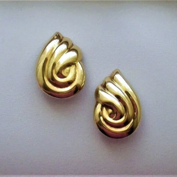 LARGE 18K 750 Gold Top Sterling Back Swirl Shell Design Clip Back Earrings